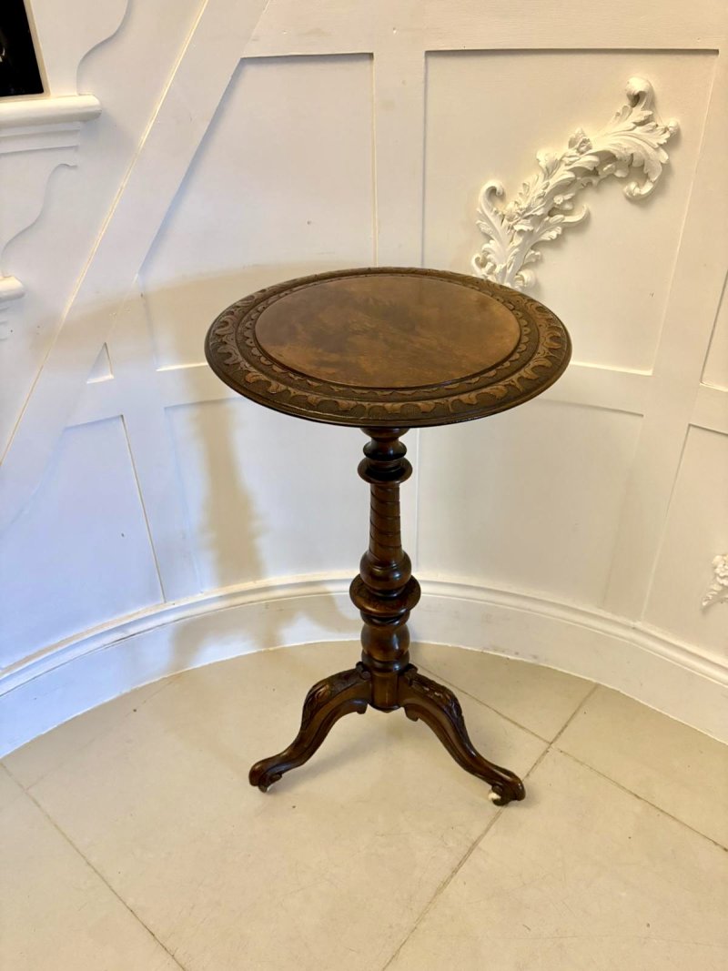Antique Victorian Quality Carved Burr Walnut Circular Lamp Table - Image 2